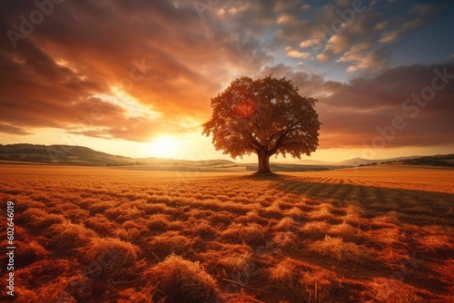 a solitary tree in a golden field at sunset