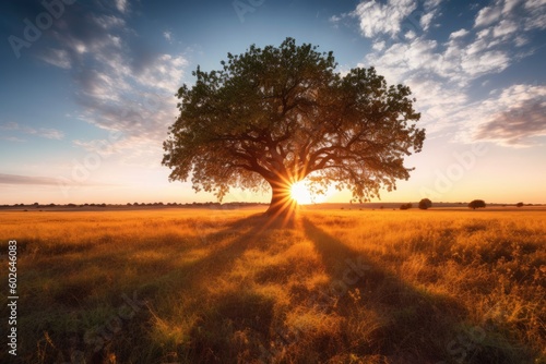 a majestic tree silhouetted against a vibrant sunset in a field