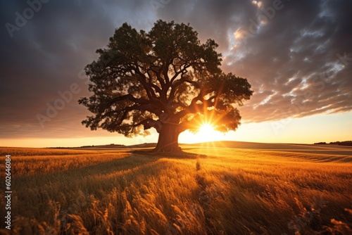 a tree standing in a vast field with a beautiful sunset in the background