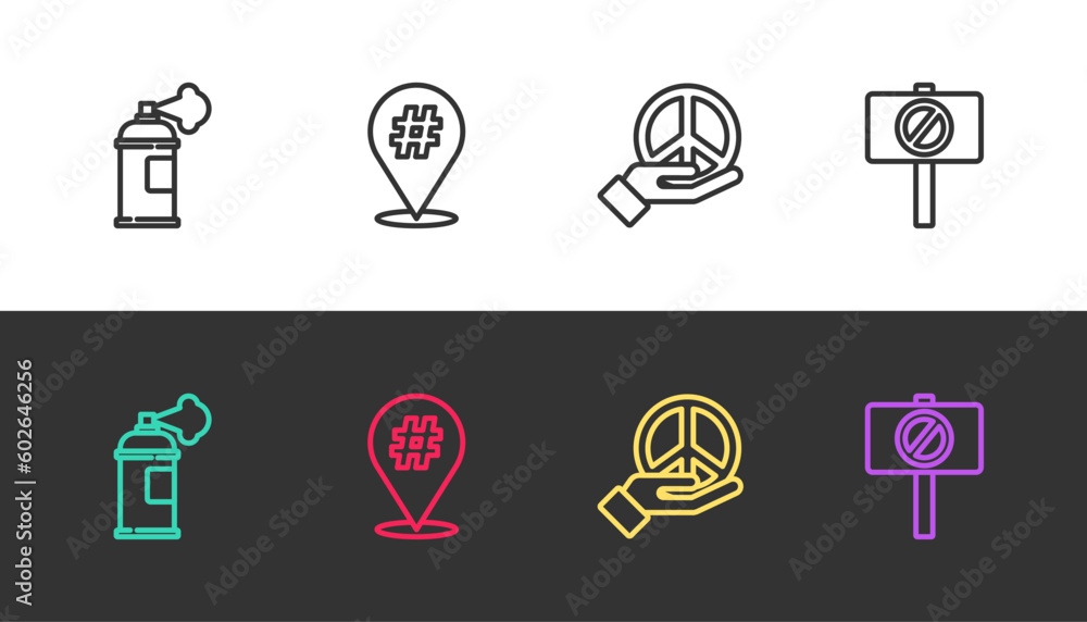 Set line Paint spray can, Protest, Peace and on black and white. Vector Set line Paint spray can, Protest, Peace and on black and white. Vector