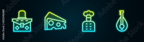 Set line Handbag, Cheese, Italian cook and Mandolin. Glowing neon icon. Vector