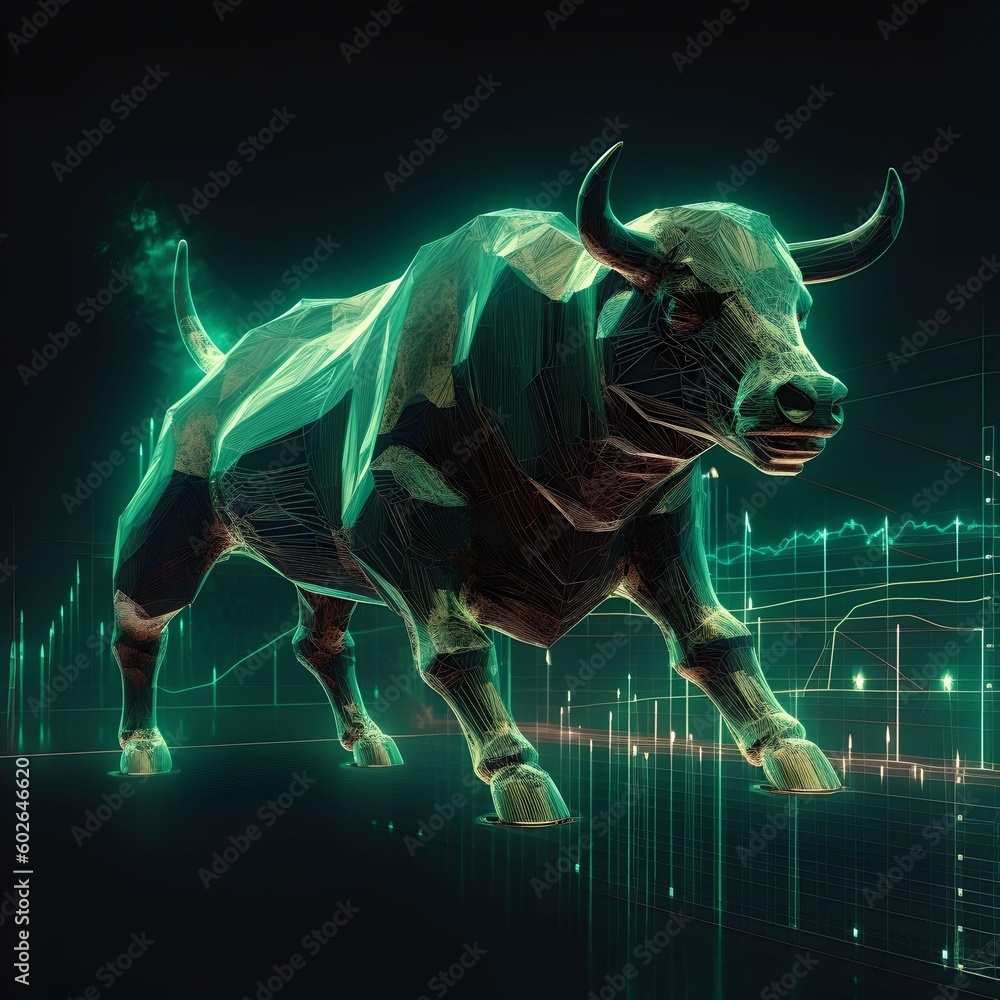 Stock market bull, stock chart and data graph. Style of neon realism. Generative AI.
