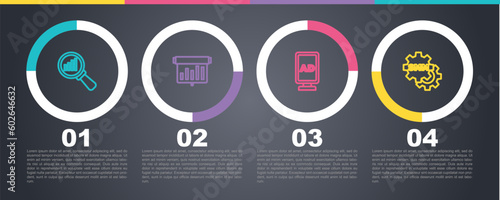 Set line Magnifying glass and analysis, Board with graph chart, Advertising and Social media marketing. Business infographic template. Vector