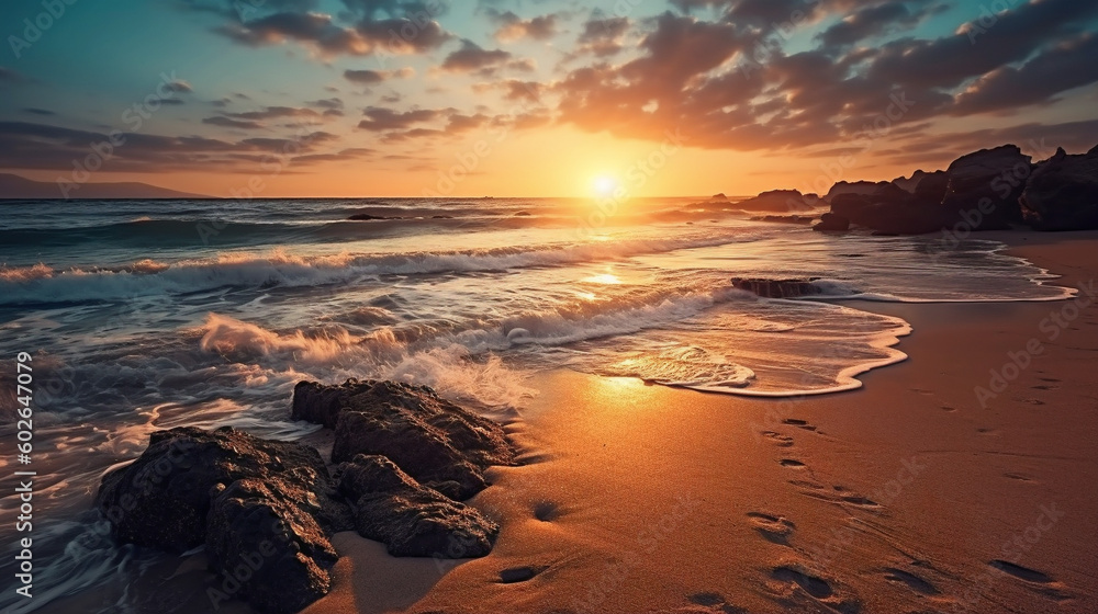 Sunset over the sea with a deserted beach - Generative AI Sunset over the sea with a deserted beach - Generative AI