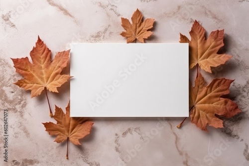 Blank White Card On Bronze Background With Maple Leaves Postcard. Generative AI
