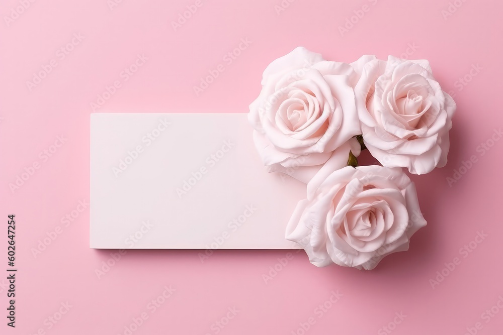 Blank White Card On Pink Background With Roses Postcard. Generative AI