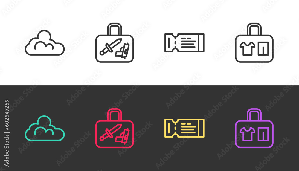 Set line Cloud weather, Suitcase, Airline ticket and on black and white. Vector Set line Cloud weather, Suitcase, Airline ticket and on black and white. Vector