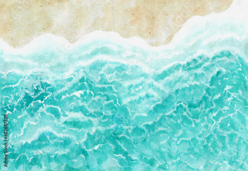 Watercolor painting nature background of blue sea water and summer seascape beautiful waves, tropical nature, sea with waves splashing and beach sand concept. Hand painted texture style on paper.