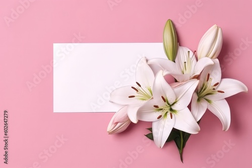 Blank White Card On Pink Background With Lilies Postcard. Generative AI