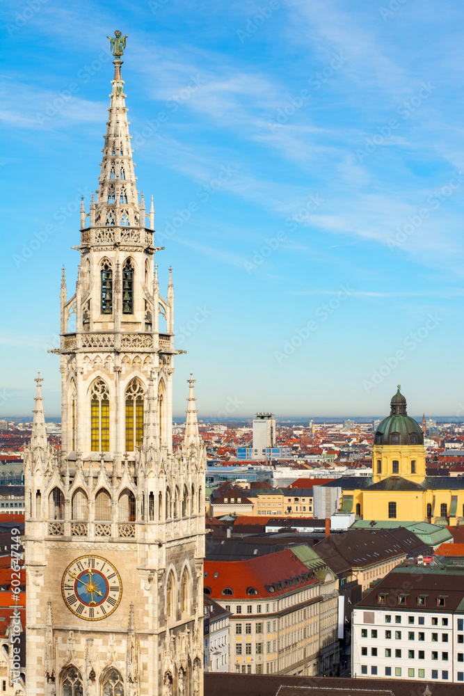 View of tower of Neues Rathaus (New Town Hall) and rest of Munich, Bavaria, Germany. Famous Landmark in München, Bayern, Deutschland.