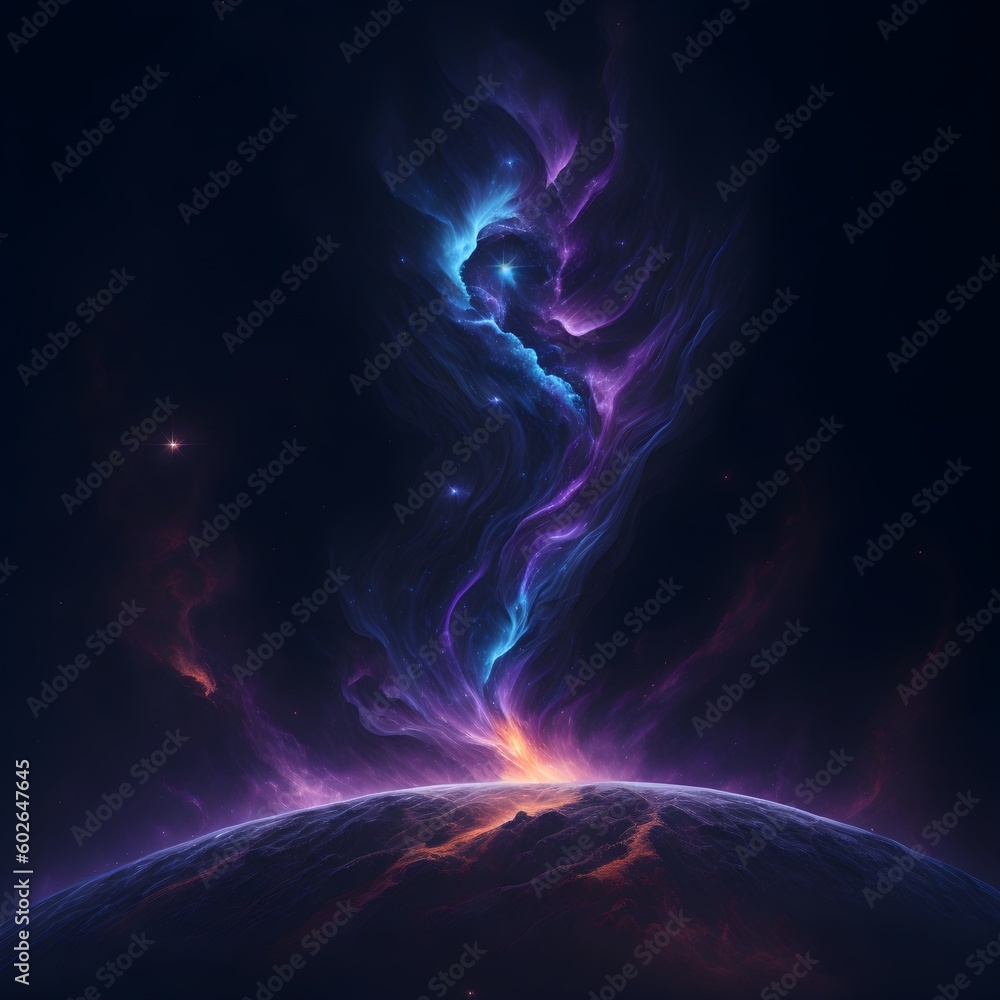 Obraz premium Nebula full of stars viewed from a planet during sunrise. Generative AI.