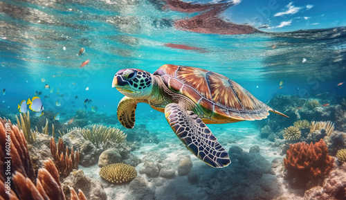 Underwater Harmony: Dive into the Mesmerizing Realm of a Turtle and Fish Swimming in Perfect Synchrony AI Generative © Mr. Bolota