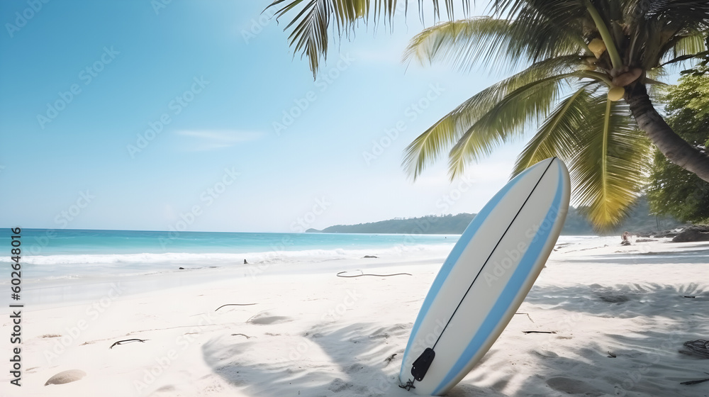 beach with palm trees and surfboard with clear blue sky created with Generative AI