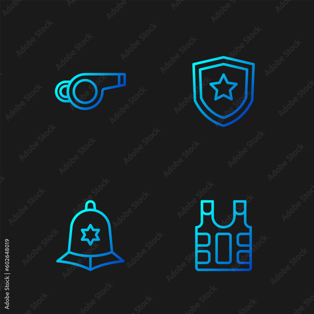Set line Bulletproof vest, British police helmet, Whistle and Police badge. Gradient color icons. Vector Set line Bulletproof vest, British police helmet, Whistle and Police badge. Gradient color icons. Vector