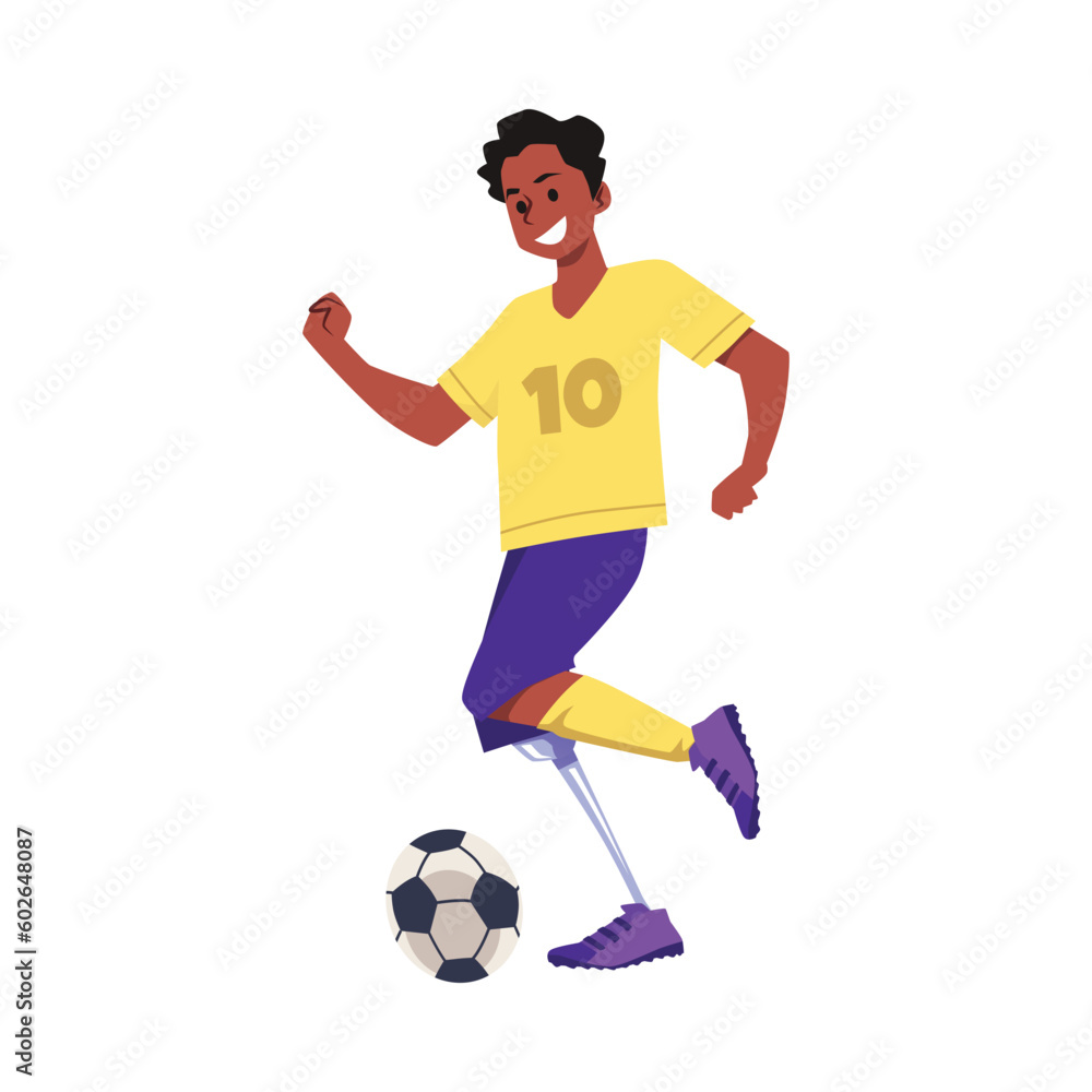 Happy young boy with leg prosthesis playing football flat style