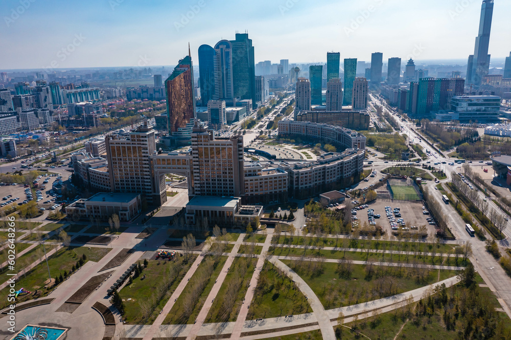 View of city center of Nur Sultan, the capital of Kazakhstan. Shooting from drone in Astana