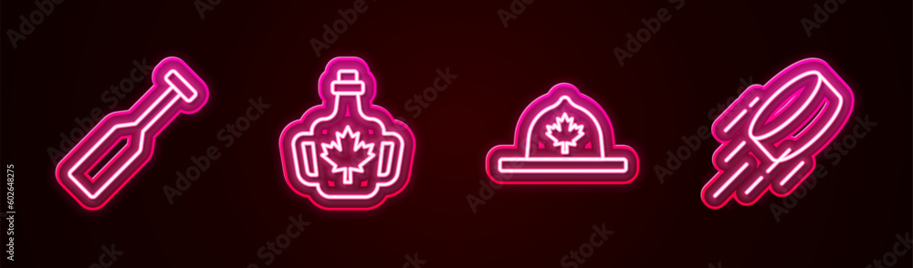 Set line Paddle, Bottle of maple syrup, Canadian ranger hat and Hockey puck. Glowing neon icon. Vector Set line Paddle, Bottle of maple syrup, Canadian ranger hat and Hockey puck. Glowing neon icon. Vector