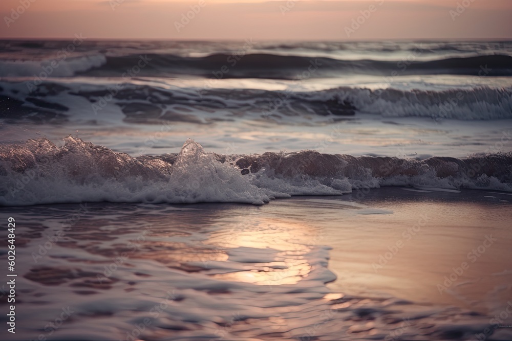 Dusk Splendor at the Seashore: Capturing the Evening Sea Waves with Soft Focus. Generative AI