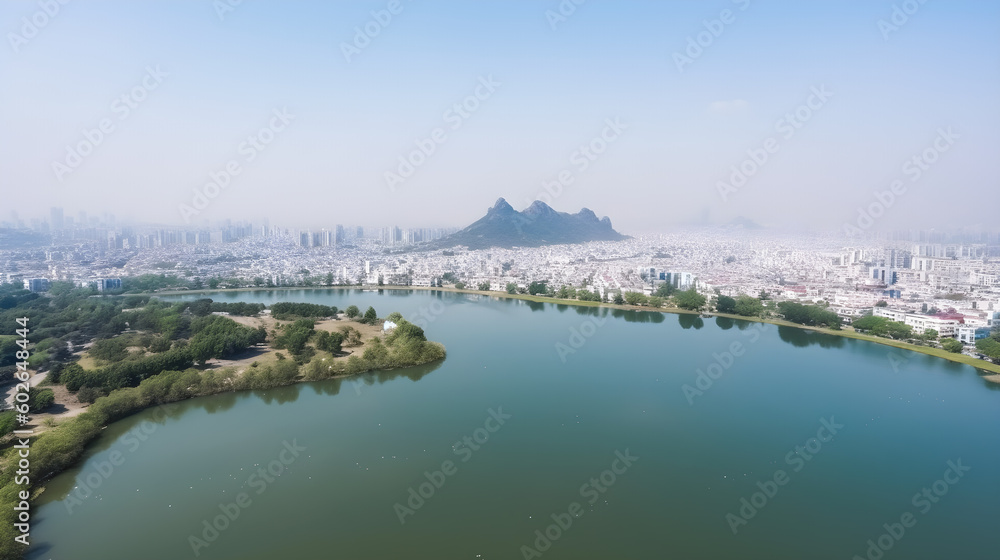 city top view with lake and nature created with Generative AI