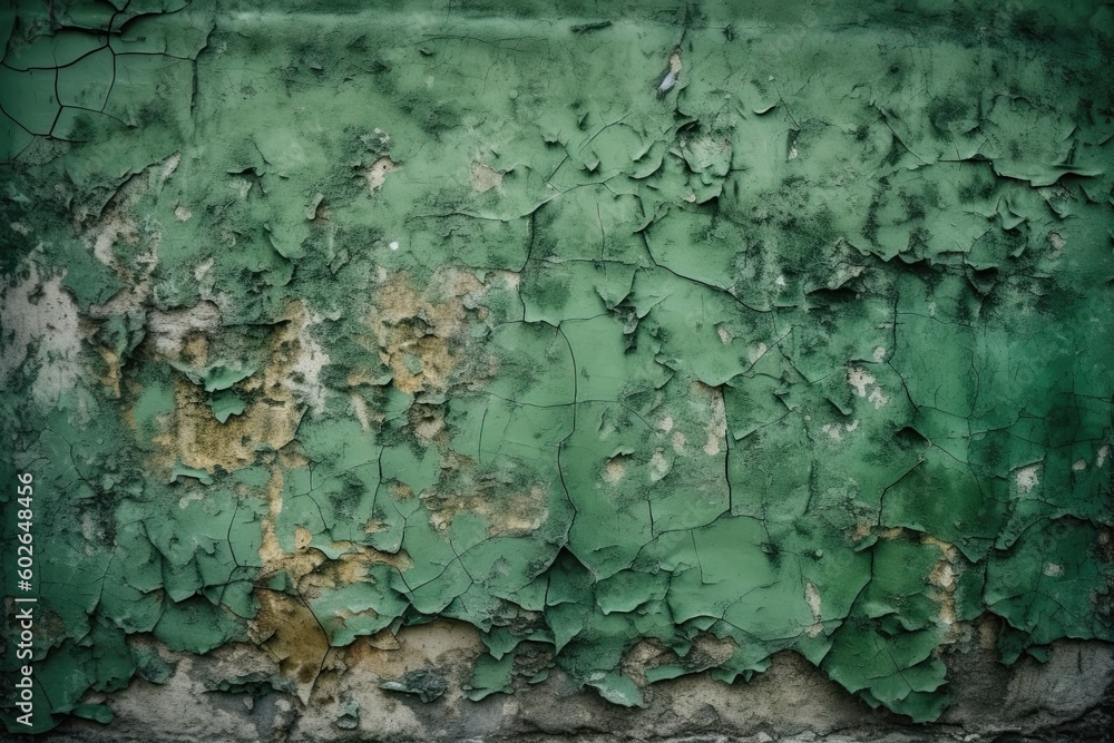 Grungy, Textured Old Wall: Cracked Green Paint on Concrete Surface. Generative AI