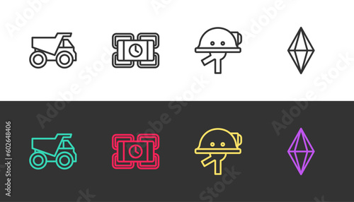 Set line Mining dump truck, Dynamite, Miner helmet and Gem stone on black and white. Vector