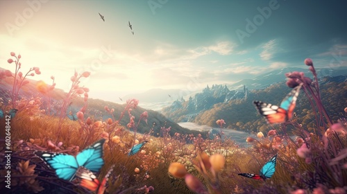 Fantasy Landscape in the Alps with Glowing Fairies, Colorful Butterflies, and a Magical Sunrise, Generative AI