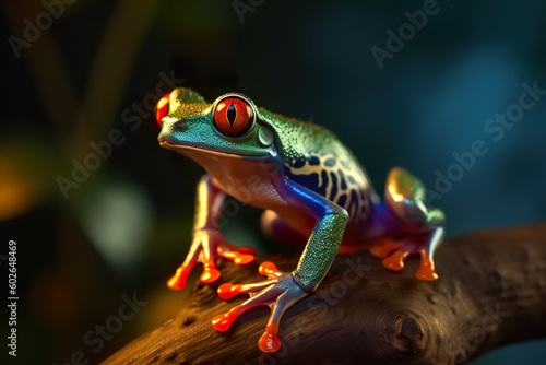Beautiful rainbow colored crystal tree frog, small multicolor decorative figurine, AI generative illustration © Friedbert