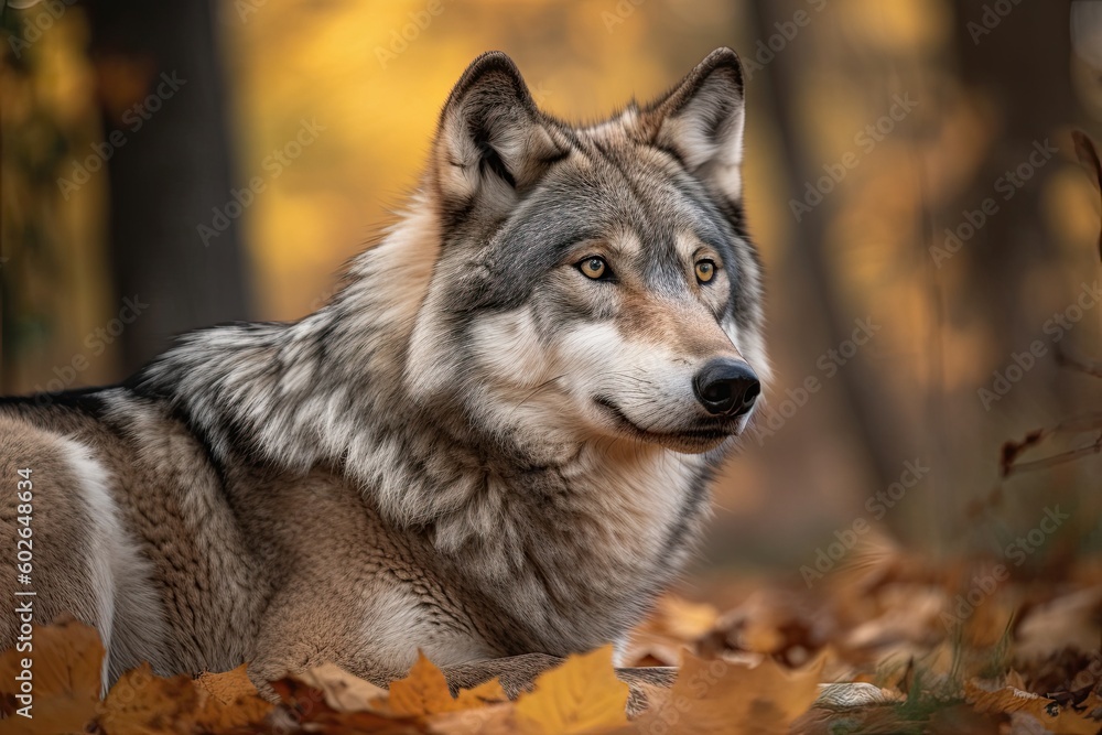 The Grey Wolf's Autumn Portrait: A Majestic and Dangerous Predator in the Wild Nature. Generative AI