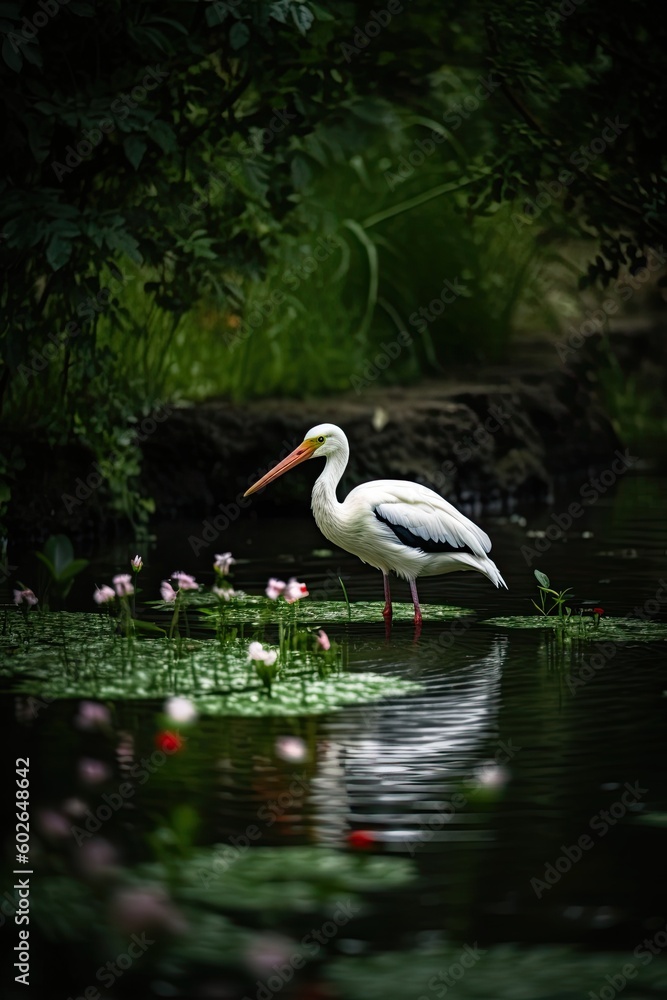 Wildlife Exhibit: A White Stork Among Verdant Flowers in a Duck Pond, Generative AI Wildlife Exhibit: A White Stork Among Verdant Flowers in a Duck Pond, Generative AI