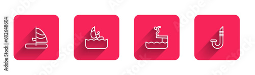 Set line Windsurfing, Swimmer diving into pool and Snorkel with long shadow. Red square button. Vector