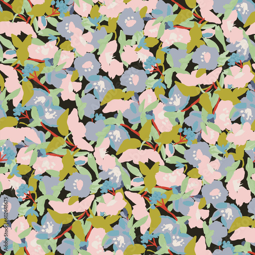 Abstract floral seamless pattern. Bright colors, gouache painting.
