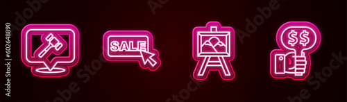 Set line Auction hammer, Price tag with Sale, painting and Hand holding auction paddle. Glowing neon icon. Vector