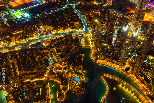 Downtown Dubai at night. Scenic aerial view on highways and skyscrapers