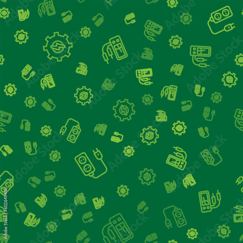 Set line Gear and lightning, Electric extension and Ampere meter, multimeter on seamless pattern. Vector