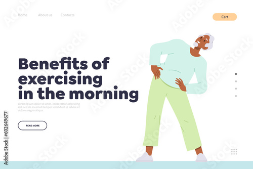 Senior man doing everyday workout on landing page with benefits of exercising in morning concept