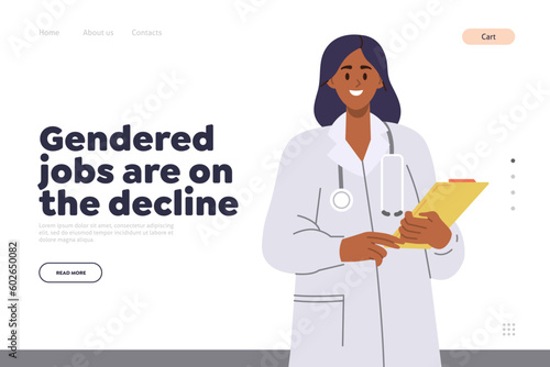 Gendered jobs on decline concept for landing page design template with happy woman doctor character