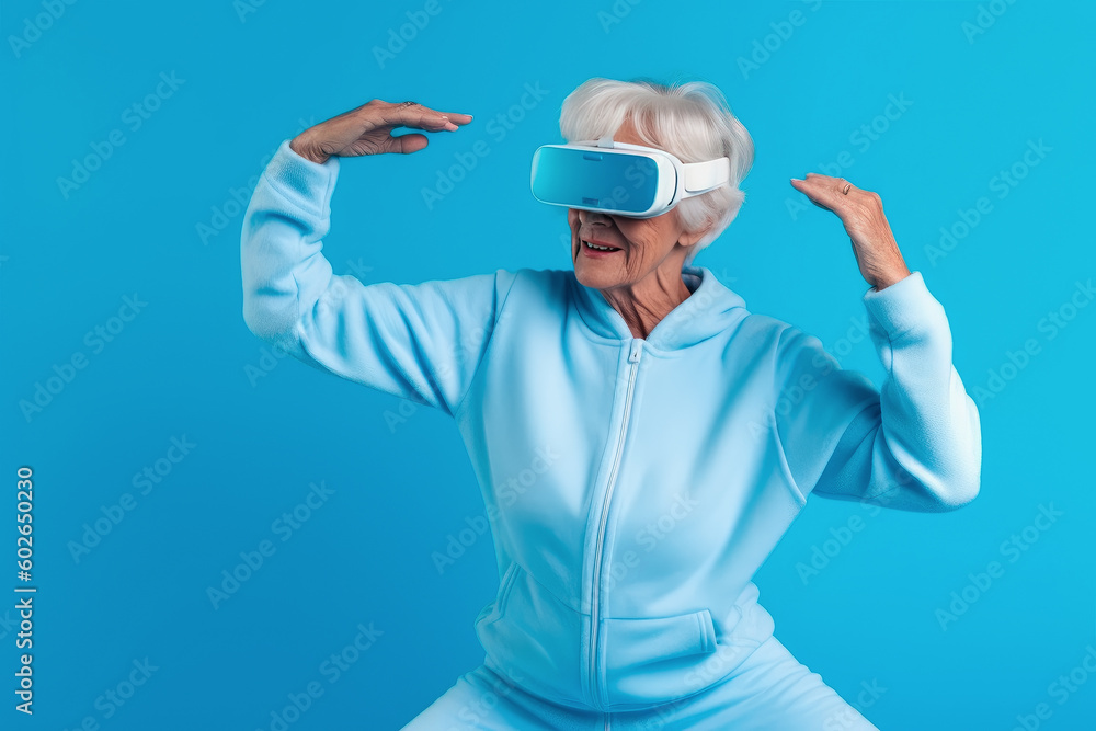 Señora mayor en chándal azul haciendo gimnasia, llevando gafas de realidad virtual, sobre fondo azul. Ilustración de IA generativa Señora mayor en chándal azul haciendo gimnasia, llevando gafas de realidad virtual, sobre fondo azul. Ilustración de IA generativa