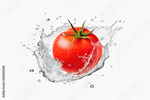 Tomate fresco de color rojo con agua salpicando sobre fondo blanco