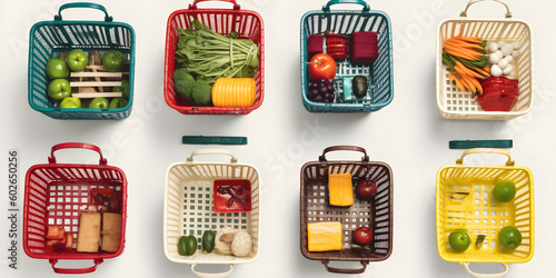 Set of shopping almost empty baskets with grocery products on white background, top view