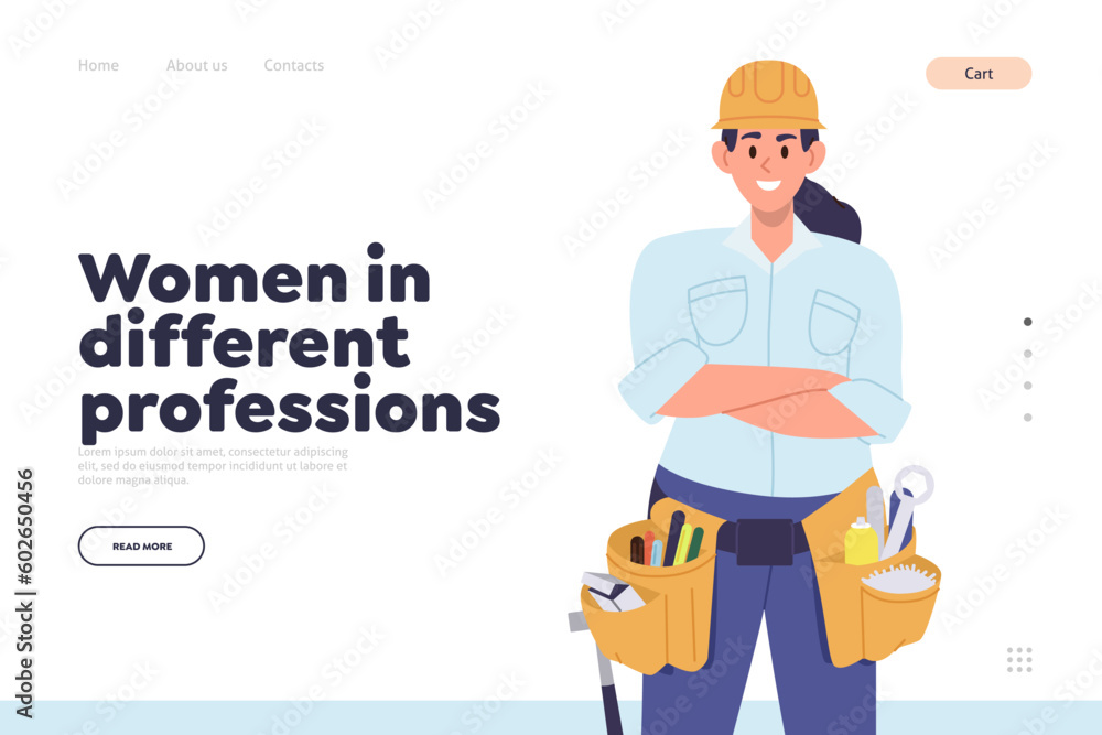 Women in different profession landing page with happy young female repair worker in uniform
