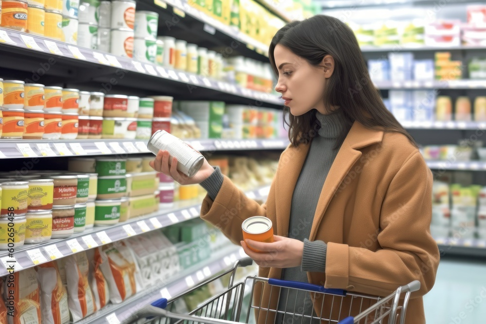 A woman comparing products in a grocery store, considering nutrition, prices, and ingredients, demonstrating informed consumer behavior, generative ai - obrazy, fototapety, plakaty 