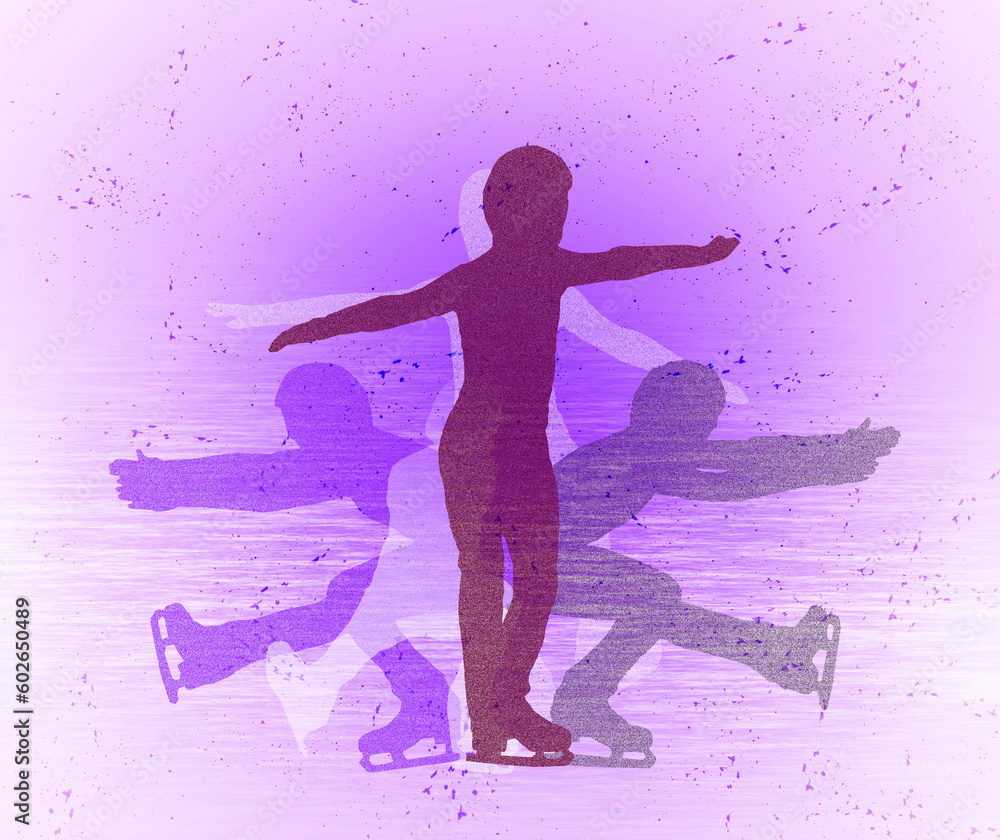 The skater performs rotation elements on the ice. Silhouette of an athlete in different poses. Illustration.