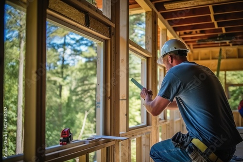 Man installing windows in a new home, demonstrating the expertise and precision of a professional contractor, generative ai photo