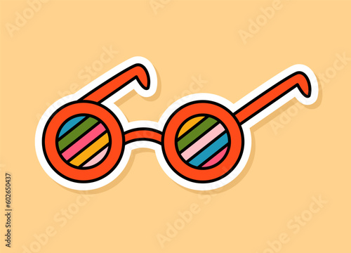 Vector Retro Rainbow glasses sticker isolated on yellow background. 70s style cartoon accessory with white contour