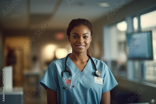Portrait of a proud and compassionate female nurse smiling in a hospital, embodying the dedication and warmth of healthcare professionals, generative ai