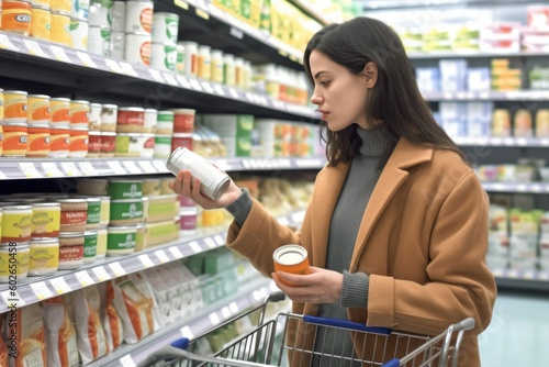 A woman comparing products in a grocery store, considering nutrition, prices, and ingredients, demonstrating informed consumer behavior, generative ai