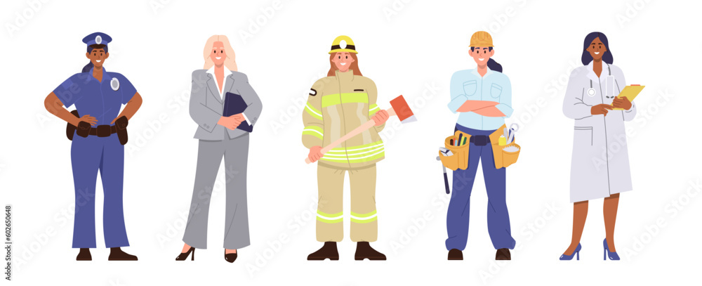 Set of young happy smiling woman of different male jobs and professions flat cartoon characters