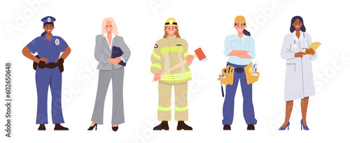 Set of young happy smiling woman of different male jobs and professions flat cartoon characters