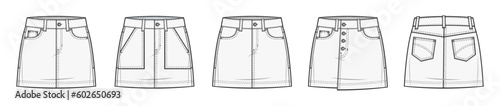 Classic mini denim skirt fashion technical drawing template. mini skirt design styles collection. fashion flat drawings. skirt vector illustration. front and back view. CAD mockup set.