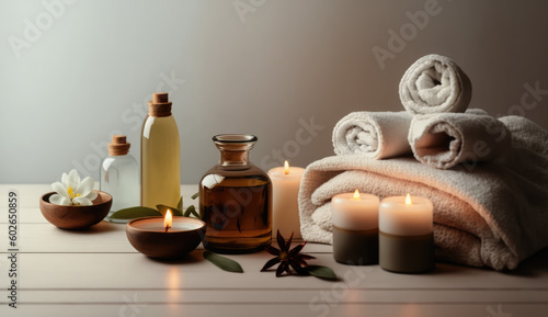 Serene Relaxation Haven. Empty background with a massage table adorned with towels, candles, and aromatherapy oils. Copy space for text. Spa retreat, wellness AI Generative   © Mr. Bolota